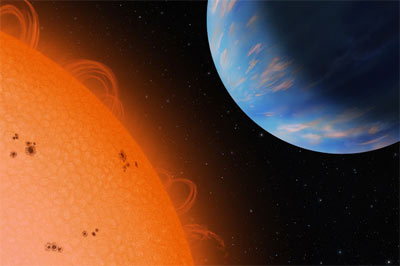 An artist's concept of the Neptune-sized planet GJ436b (right) orbiting an M dwarf star, Gliese 436, at a distance of only 3 million miles.