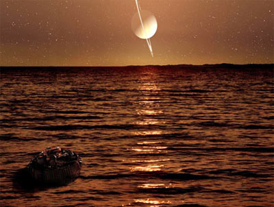 An artist's rendering depicts NASA's Huygens probe floating in a lake of methane on Saturn's moon Titan. A new report says Titan is the best bet for finding weird life-forms that can thrive in extreme environments.
