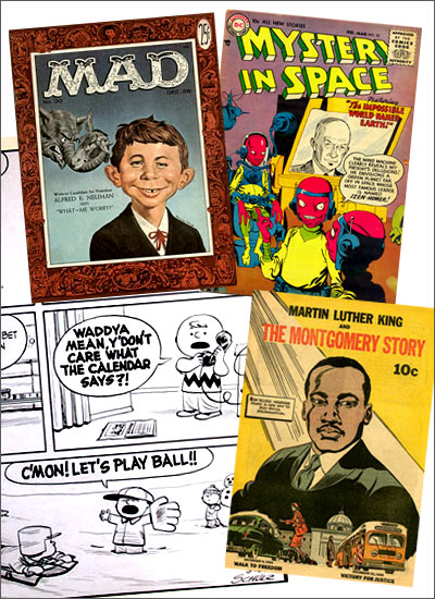 Comic Books 1956: In 1956 fanboys were mad about Mad magazine (Issue #30 from December shown on the top left) and reading tons of comic books littered with space aliens like ‘Mystery in Space’ on the right which sports a cover by cover by Gil Kane. Below that are some panels shown from a classic Peanuts comic strip from March of ‘56, and on a more serious note the comic book on the right features Martin Luther King Jr. and a story about the early civil rights movement.